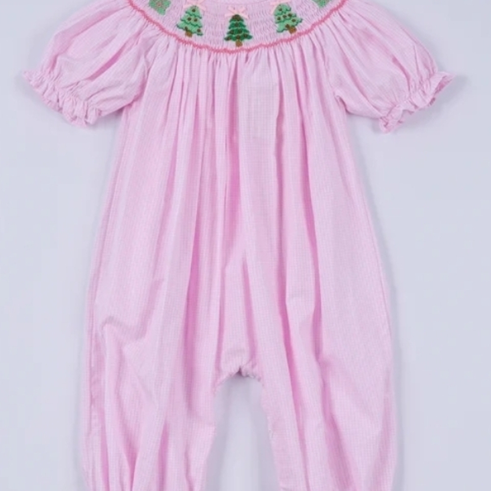 Pink Smocked Baby Romper with Tree Embroidery
